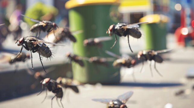 Hovering Houseflies Against Urban Backdrop in Bright Daylight