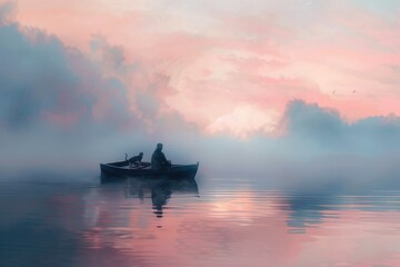 Naklejka premium A lone fisherman in a small boat on a peaceful lake