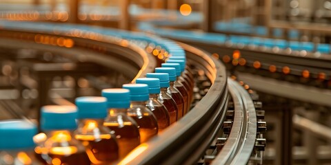 Bottling milk on a factory conveyor line with blue caps in a dry plant. Concept Manufacturing Process, Factory Production, Conveyor System, Bottling Line, Blue Caps