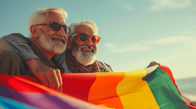 Joyful Elderly Gay Couple Celebrating Pride With Rainbow Flag at Beach