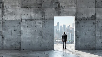 An open door to the city leads to a concrete room with a businessman in it