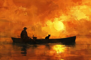A fisherman and his cat are enjoying a peaceful evening on the lake