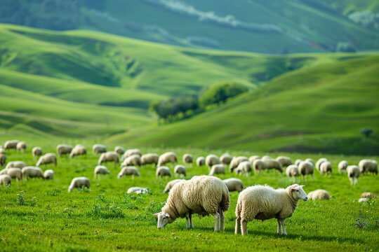 Serene green pasture with grazing sheep in rolling hills, a beautiful rural countryside landscape
