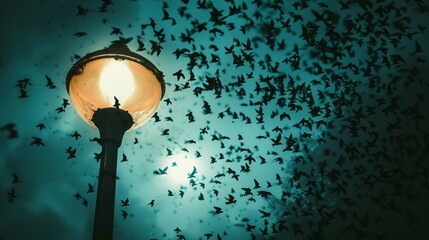 A dimly lit street lamp casts an eerie glow on a swarm of flying insects, their dark silhouettes...