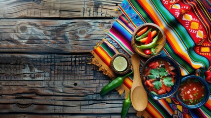 Vibrant traditional mexican fabric draped across rustic wooden table, adorned with wooden spoon, small molcajete, and savory food prep, awaiting culinary creativity.