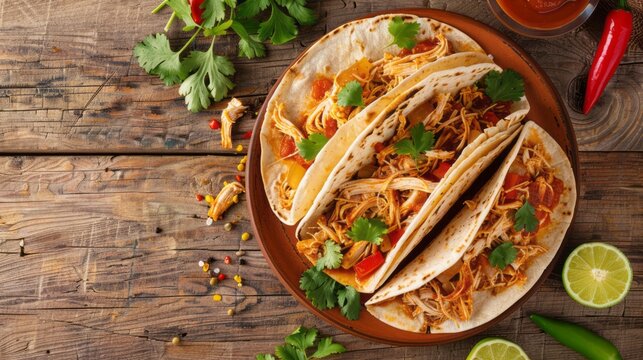 Vibrant entomatadas dish, tender shredded chicken, rich tomato sauce, and crispy corn tortillas, arranged artfully on a rustic wooden table, evoking warmth and comfort.
