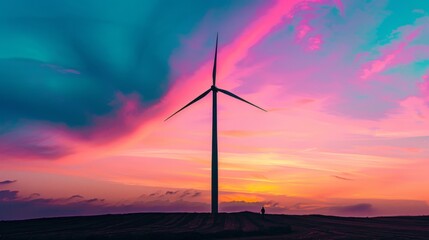 A lone wind turbine stands majestically against a kaleidoscopic dawn sky, its slender silhouette a striking contrast to the warm hues of orange, pink, and purple.