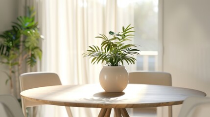 elegant round dining table with a beautiful potted plant at its center, surrounded by warm ivory and wood tones, evoking a cozy indoor atmosphere.