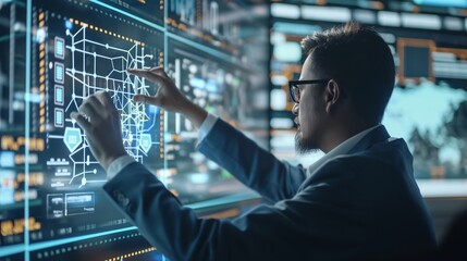 A financial analyst monitoring a blockchain network's integrity and performance on a high-tech digital interface in a secure operations center.