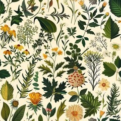 Botanical Illustration Featuring Diverse Flora and Foliage Patterns