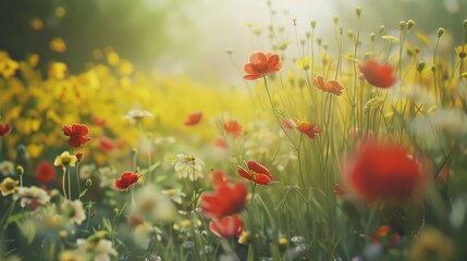Obraz premium Field of vibrant wildflowers with a background of yellow blossoms a picturesque spring scene
