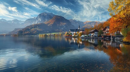 Fototapeta premium Lake Wolfgangsee Tranquility: Scenic View of Austria's Idyllic Alpine Waterscape