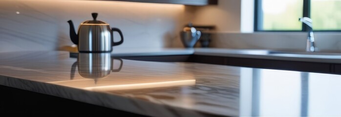A silver tea kettle sits on a countertop next to a sink. The countertop is made of marble and has a shiny, reflective surface. The sink is located near a window, which lets in natural light