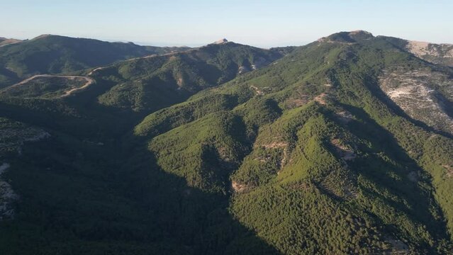 Mountains and forests of thassos greece, sunset casting shadows