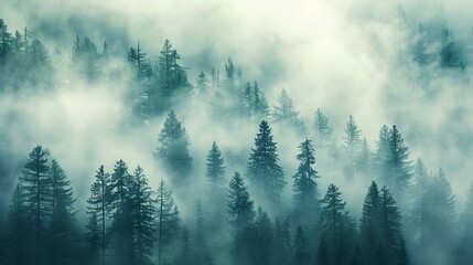 Misty Landscape with Fir Forest in Vintage Retro Style - Serene Nature Scene