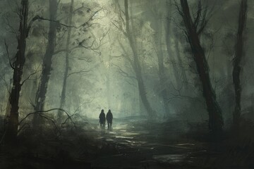 The image shows a dark and mysterious forest with two people walking away from the camera.