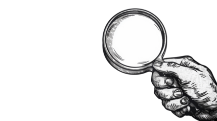 Engraved hand holding magnifying glass