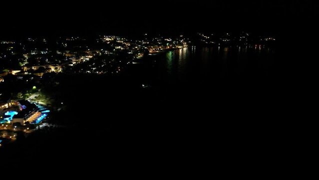 Golden BEach and Skala Potamia on thassos by night from the air over the bay and sea