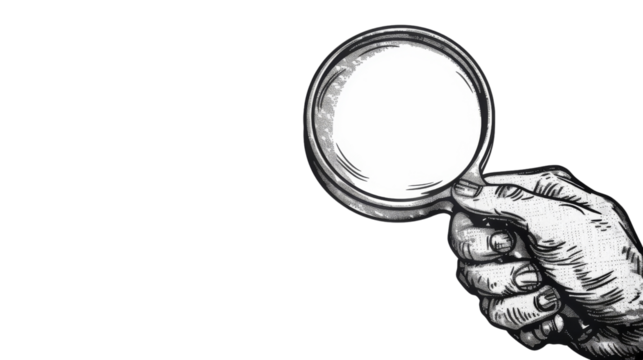 Engraved hand holding magnifying glass