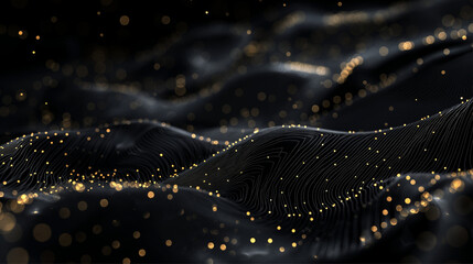 An elegant abstract image featuring undulating golden lines on a black textured background
