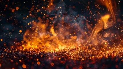 Vibrant glowing embers and sparks suspended in darkness, abstract glittering fire particles illuminate from above and below, forming a mesmerizing frame of pure fiery essence.