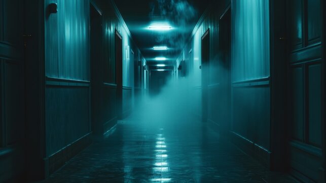 Ominous, dimly lit corridor with floor spotlighted amidst darkness, eerie mist swirling, casting haunting shadows, evoking an air of foreboding mystery.