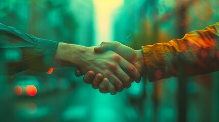 Concept of partnership in the IT industry, double exposure of holograms and handshakes of two men.