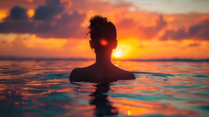 Fototapeta premium Silhouette of woman in ocean during sunset with colorful reflections on water