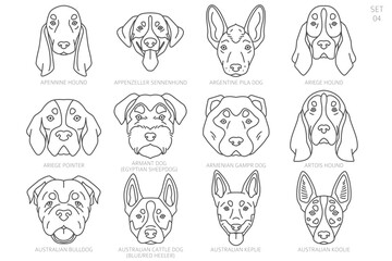 Dog head Silhouettes in alphabet order. All dog breeds. Simple line vector design.