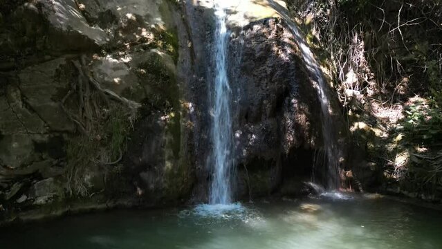 Flight down from waterfall following the river at Theologos in THassos, greece