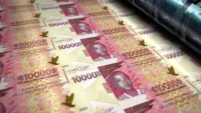 Guinea money Guinean francs banknotes printing roll machine loop. Paper GNF 10000 bank note print 3d looping seamless. Abstract concept of banking, finance, economy and crisis.