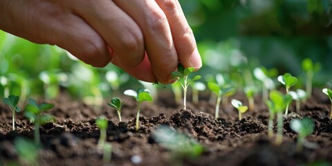 Farmer planting seed in the ground in close up shot. The best Sustainable Farming and Eco Friendly Agriculture Concept