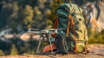 A foldable travel drone stored in a hiking backpack, displayed next to a scenic camping spot, ready to be used for capturing nature shots.
