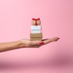 Womans hand holding gift boxes on pink background. Minimal sale