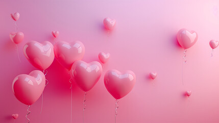 A dreamy and romantic image featuring pink heart-shaped balloons floating against a soft pink background