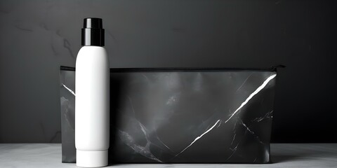 Fototapeta premium Minimalist cosmetic products with black and white packaging on dark slate background. Concept Cosmetic Packaging, Minimalist Design, Black and White, Dark Slate Background