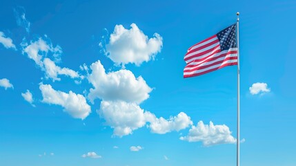 A vibrant row of majestic american flags proudly displayed, waving gently in the breeze, against a brilliant blue sky with a few puffy white clouds.