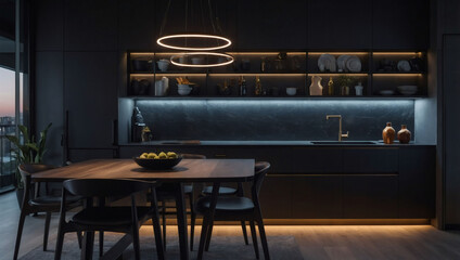 Ultra-modern apartment with a trendy dark kitchen and cool LED lighting.