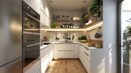 Streamlined Kitchen Storage with Open Shelving and Integrated Appliances

