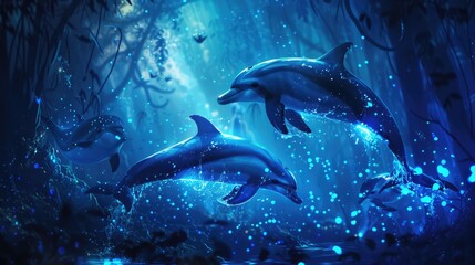 Two dolphins swim in the deep blue ocean
