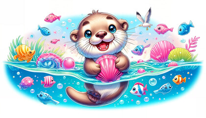 Otter Playing in Water, A happy otter swimming and holding a shell, surrounded by fish and a seagull.