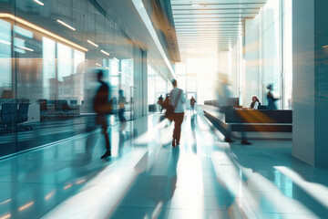 blurry motion people walking in an office area