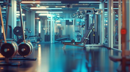 A highly detailed image of a modern gym interior with high-tech equipment,