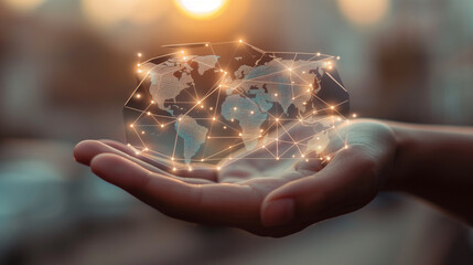 Hand holding a glowing digital world map with network connections