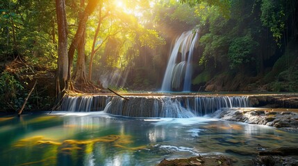 Fototapeta premium Panoramic View of a Beautiful Deep Forest Waterfall in Thailand - Nature and Tranquility