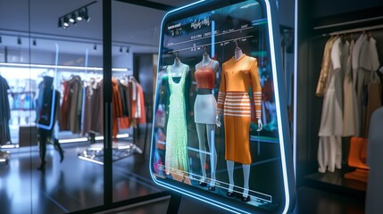 A futuristic fashion store with an interactive mirror for virtual try-ons, displaying different outfits on a screen as customers select styles via a touch interface.