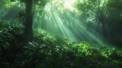 Obraz premium Panoramic Landscape with Sunlight Rays Through Vibrant Green Foliage in Forest Clearing