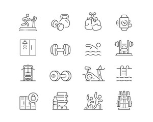 Gym and Fitness Icon collection containing 16 editable stroke icons. Perfect for logos, stats and infographics. Edit the thickness of the line in Adobe Illustrator (or any vector capable app).
