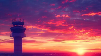 Control tower silhouette against vibrant sunset sky highlighting aviation