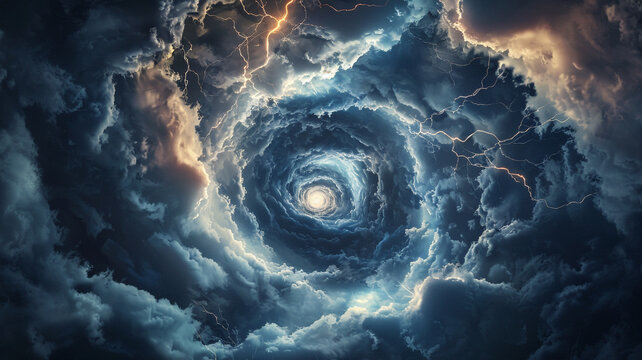 Dark sky with swirling clouds and lightning in the center of a vortex shaped hole.